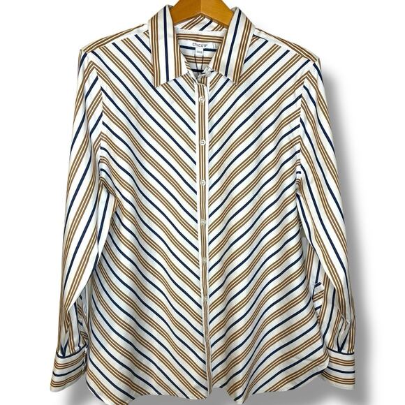 Chico's Top NWT Size 3 (XL) No Iron Stretch Long Sleeve Camel Striped Career - Picture 1 of 6